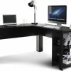 Goedkoopste 😀 Giving® Bureau Computer Hoek Bureau Laptoptafel - L Vormig Bureau - 4 Opbergvakken - Zwart 💯