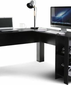 Goedkoopste 😀 Giving® Bureau Computer Hoek Bureau Laptoptafel - L Vormig Bureau - 4 Opbergvakken - Zwart 💯