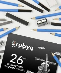 Gloednieuw 💯 Rubye® 26-Delige Tekenset - Schetspotloden - Houtskool Tekenen - Grafietpotloden - Gum - Kneedgum - Puntenslijper - Potloden - 26 Stuks 🤩 -ACROPAQ Shop 550x550 71