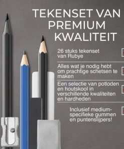 Gloednieuw 💯 Rubye® 26-Delige Tekenset - Schetspotloden - Houtskool Tekenen - Grafietpotloden - Gum - Kneedgum - Puntenslijper - Potloden - 26 Stuks 🤩 -ACROPAQ Shop 550x550 72