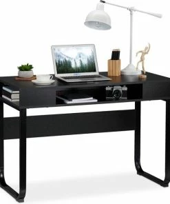 Aanbiedingen 👍 Relaxdays Bureau - 3 Open Vakken - Computertafel 74,5 X 110 X 55 Cm - Modern Laptopbureau - Hout / Zwart 🥰 -ACROPAQ Shop 550x621